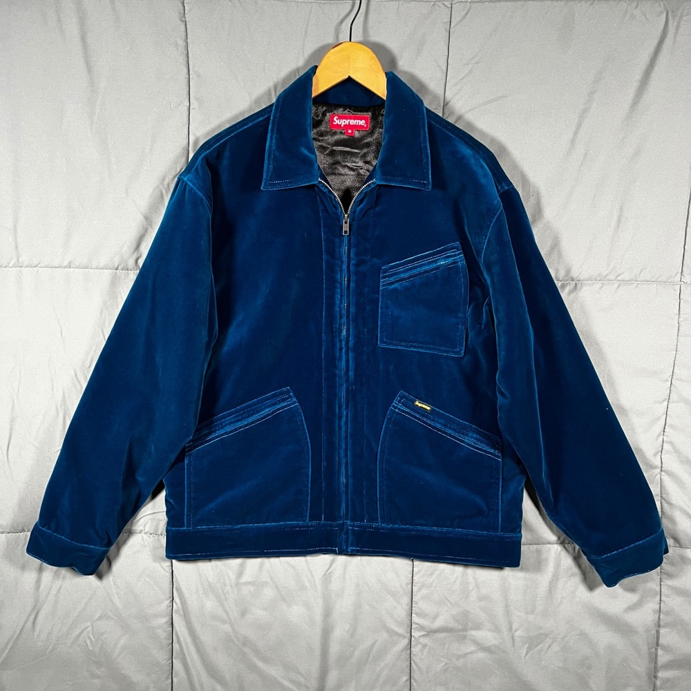 Supreme Jacket Size M Teal Velvet Work Collar Buttons Biker Velour Suede FW20
